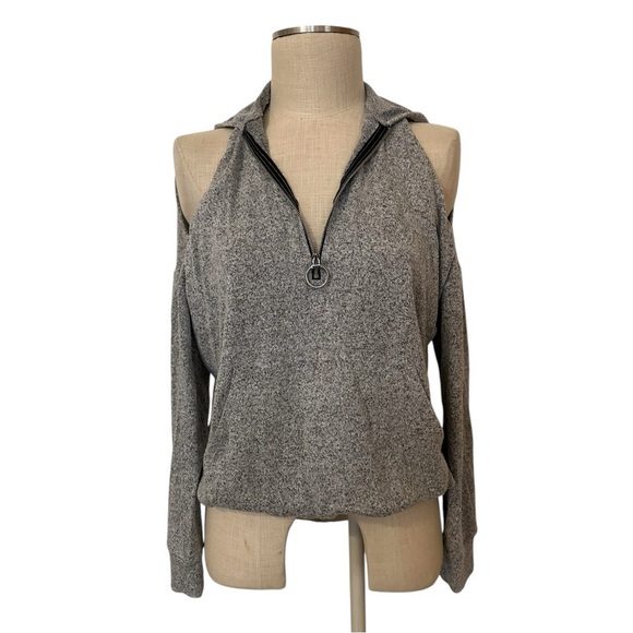 Heather Gray Hacci Off-the-Shoulder Sweater with Zip-Front & Kangaroo Pocket - Picture 1 of 10